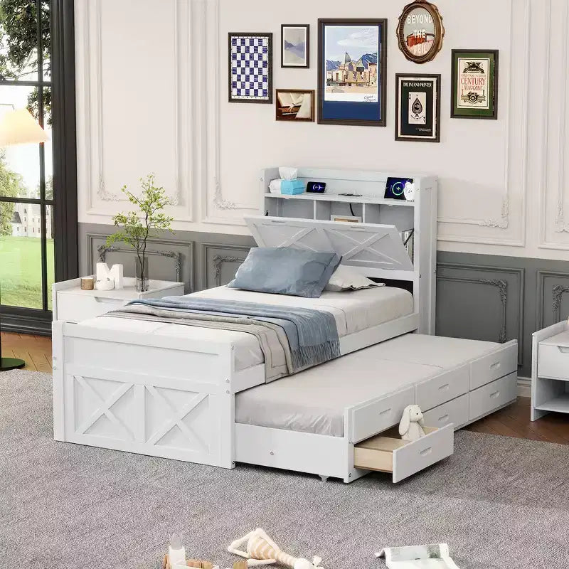Whisen Twin Wooden Bed, Extendable Bed Frame with Twin Size Trundle, Storage Headboard, Three Drawers