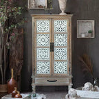 55 Vintage Farmhouse Highboard Cabinet, Tall Engineered Wood Storage Pantry with Floral Tile Pattern & Drawer - Panipeachy