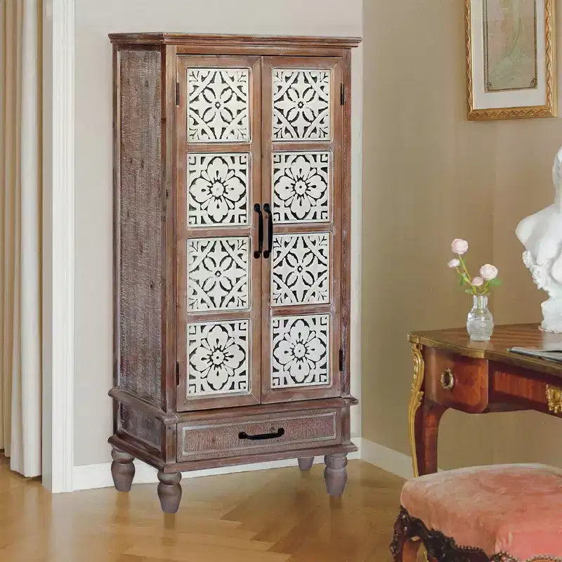 Buffet haut de ferme vintage 55, Grand garde-manger de rangement en bois composite avec motif floral carrelé et tiroir