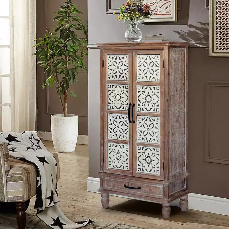 Buffet haut de ferme vintage 55, Grand garde-manger de rangement en bois composite avec motif floral carrelé et tiroir