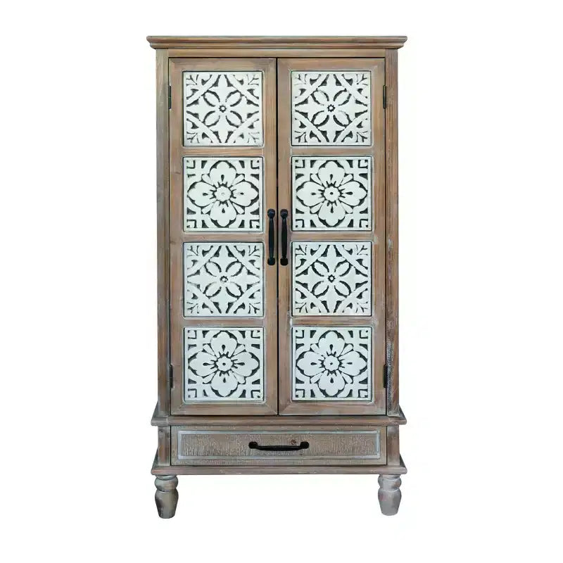Buffet haut de ferme vintage 55, Grand garde-manger de rangement en bois composite avec motif floral carrelé et tiroir