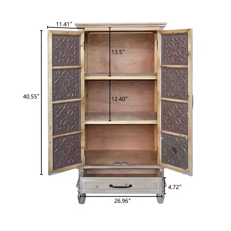 Buffet haut de ferme vintage 55, Grand garde-manger de rangement en bois composite avec motif floral carrelé et tiroir