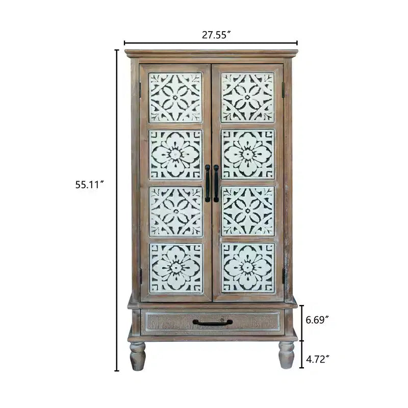 Buffet haut de ferme vintage 55, Grand garde-manger de rangement en bois composite avec motif floral carrelé et tiroir
