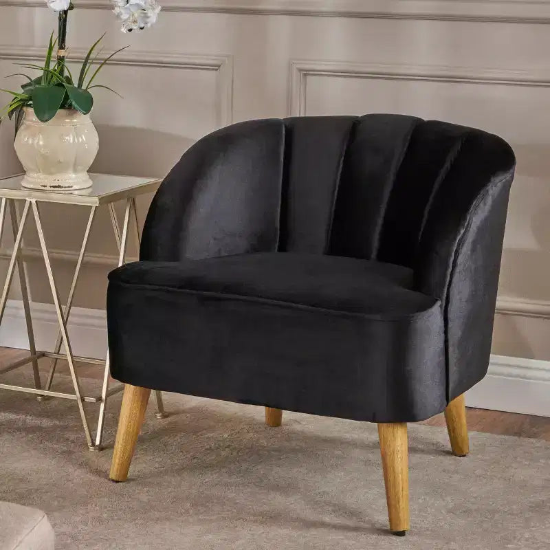 Fauteuil club en velours, avec dossier incurvé, surpiqûres verticales, pieds évasés en bois d'hévéa, fauteuil d'appoint pour salon, chambre à coucher