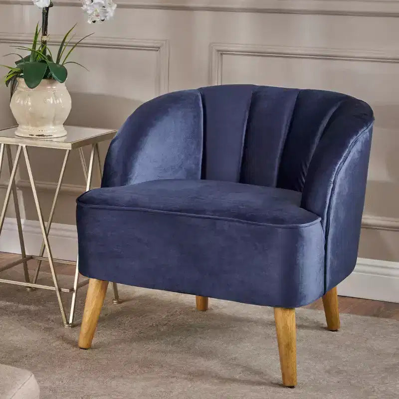 Fauteuil club en velours, avec dossier incurvé, surpiqûres verticales, pieds évasés en bois d'hévéa, fauteuil d'appoint pour salon, chambre à coucher
