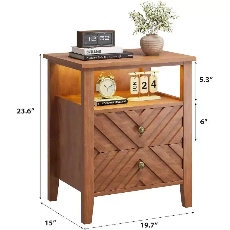 Nightstand with 2 Storage Drawers, Farmhouse Bedside Table with Open Shelf and Sturdy Wooden Legs, Rustic Side Table for Bedroom