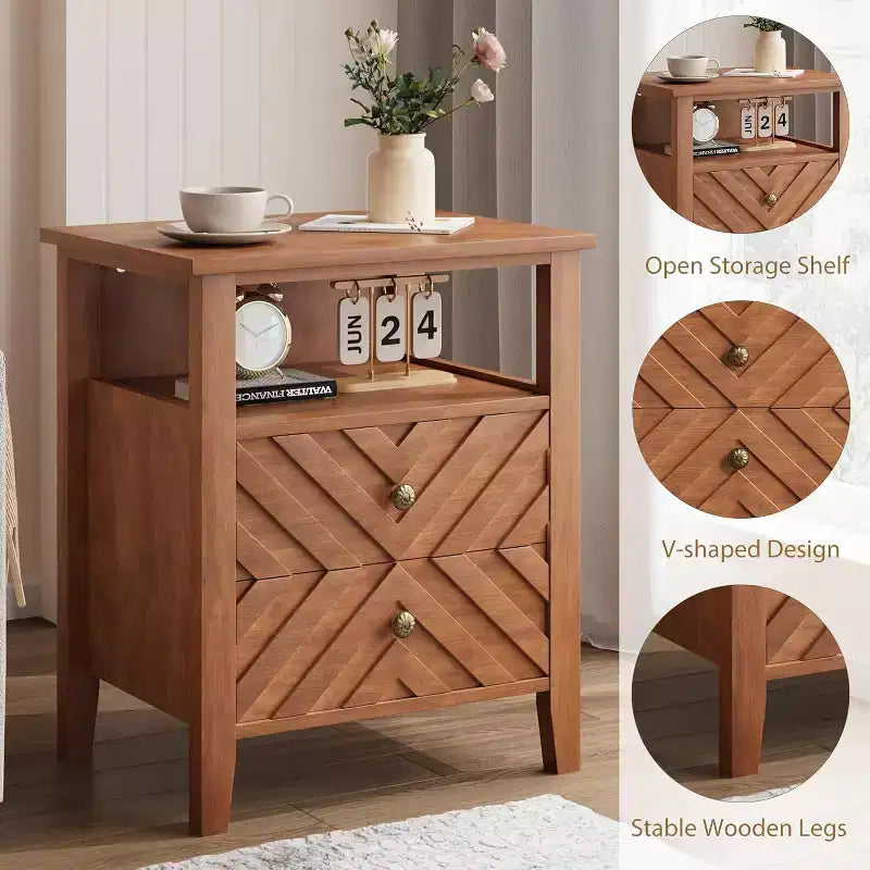 Nightstand with 2 Storage Drawers, Farmhouse Bedside Table with Open Shelf and Sturdy Wooden Legs, Rustic Side Table for Bedroom