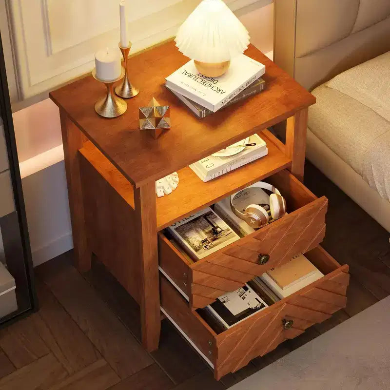 Nightstand with 2 Storage Drawers, Farmhouse Bedside Table with Open Shelf and Sturdy Wooden Legs, Rustic Side Table for Bedroom