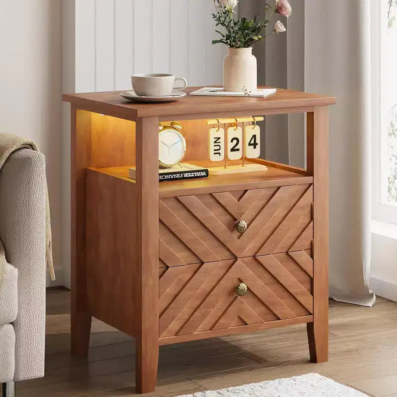 Nightstand with 2 Storage Drawers, Farmhouse Bedside Table with Open Shelf and Sturdy Wooden Legs, Rustic Side Table for Bedroom