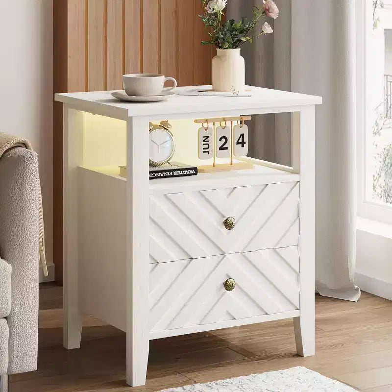 Nightstand with 2 Storage Drawers, Farmhouse Bedside Table with Open Shelf and Sturdy Wooden Legs, Rustic Side Table for Bedroom