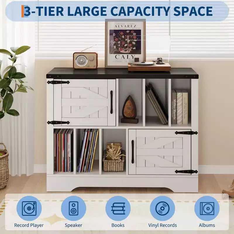 39Meuble de rangement pour tourne-disque, grand meuble de rangement pour vinyles en bois de style ferme pouvant contenir jusqu'à 450 albums avec portes de grange, table de tourne-disque pour salon ou chambre à coucher