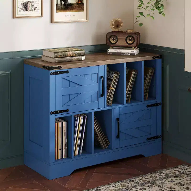 39Meuble de rangement pour tourne-disque, grand meuble de rangement pour vinyles en bois de style ferme pouvant contenir jusqu'à 450 albums avec portes de grange, table de tourne-disque pour salon ou chambre à coucher
