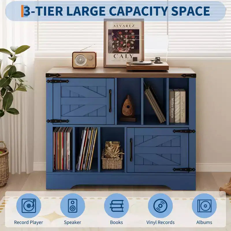 39Meuble de rangement pour tourne-disque, grand meuble de rangement pour vinyles en bois de style ferme pouvant contenir jusqu'à 450 albums avec portes de grange, table de tourne-disque pour salon ou chambre à coucher