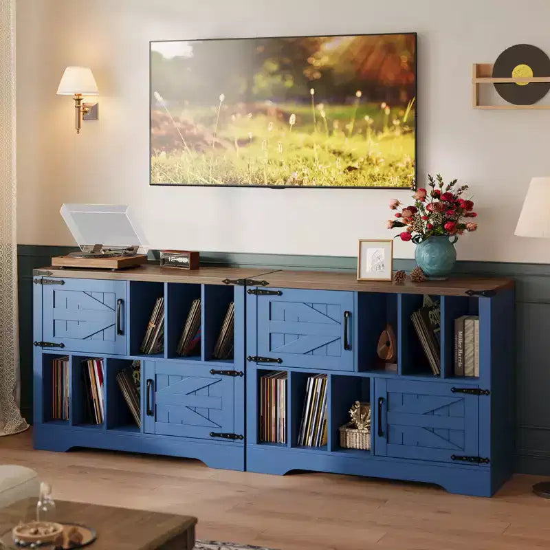 39Meuble de rangement pour tourne-disque, grand meuble de rangement pour vinyles en bois de style ferme pouvant contenir jusqu'à 450 albums avec portes de grange, table de tourne-disque pour salon ou chambre à coucher