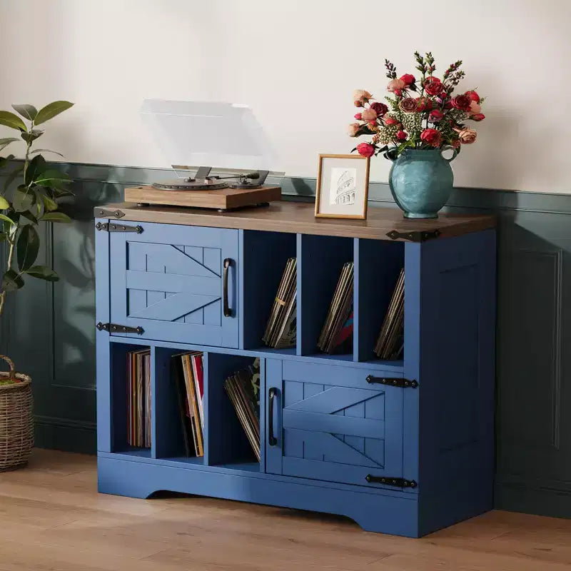 39Record Player Stand, Large Farmhouse Wood Vinyl Storage Cabinet Holds Up to 450 Albums with Barn Doors, Record Player Table for Living Room Bedroom