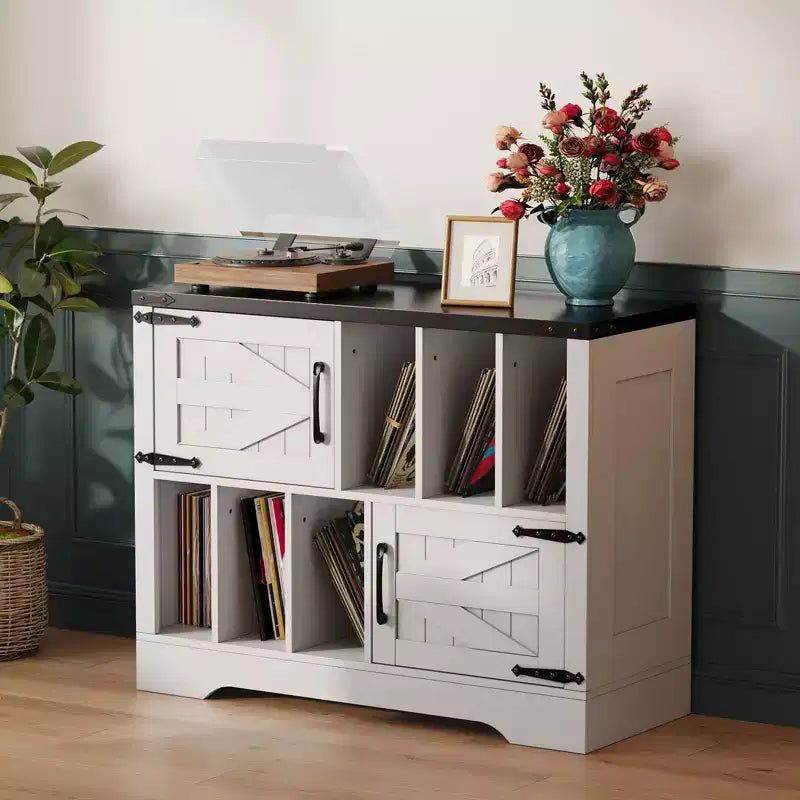 39Meuble de rangement pour tourne-disque, grand meuble de rangement pour vinyles en bois de style ferme pouvant contenir jusqu'à 450 albums avec portes de grange, table de tourne-disque pour salon ou chambre à coucher