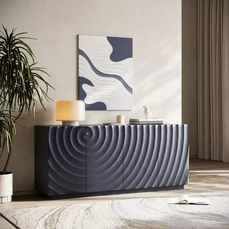Buffet bas moderne en spirale, meuble d'entrée artistique discret avec portes texturées 3D ondulées
