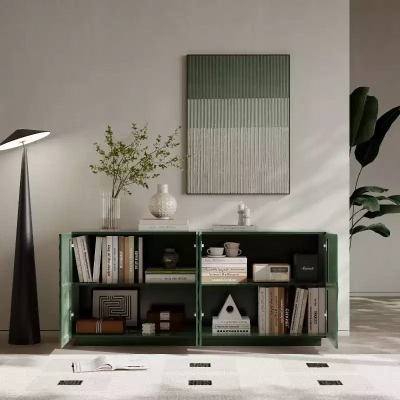 Buffet bas moderne en spirale, meuble d'entrée artistique discret avec portes texturées 3D ondulées