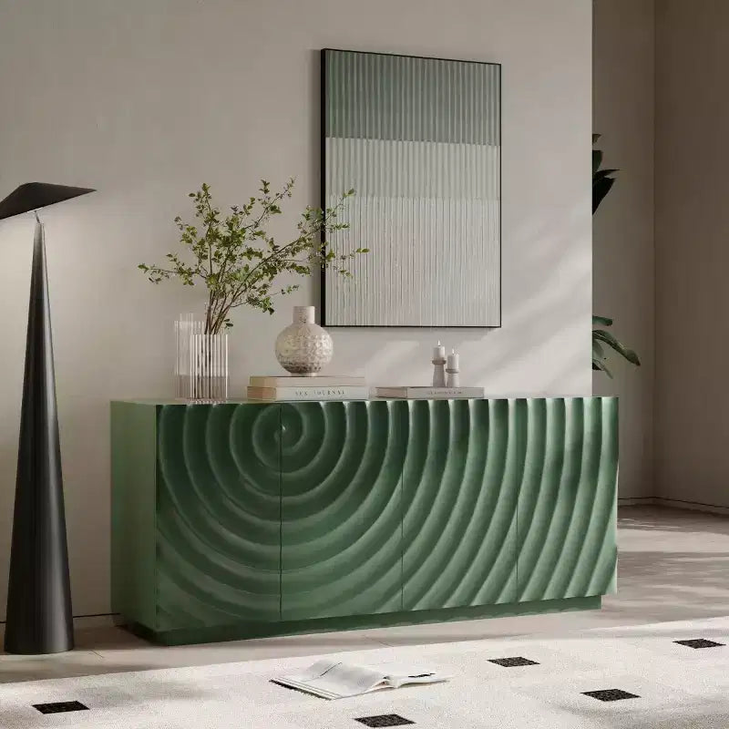 Buffet bas moderne en spirale, meuble d'entrée artistique discret avec portes texturées 3D ondulées