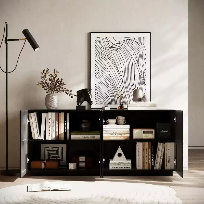 Buffet bas moderne en spirale, meuble d'entrée artistique discret avec portes texturées 3D ondulées