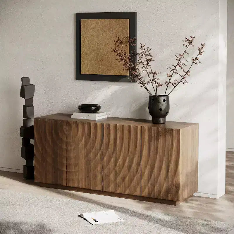 Buffet bas moderne en spirale, meuble d'entrée artistique discret avec portes texturées 3D ondulées