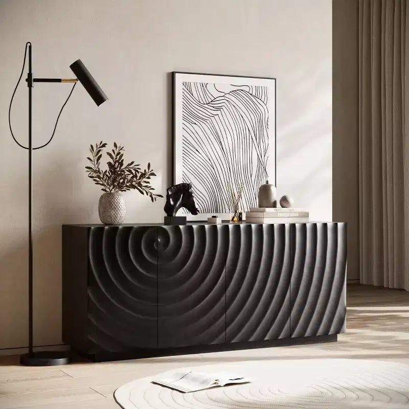 Buffet bas moderne en spirale, meuble d'entrée artistique discret avec portes texturées 3D ondulées