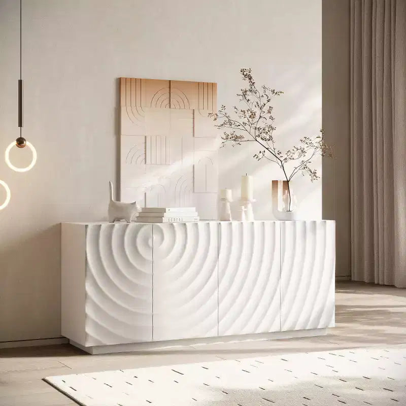 Buffet bas moderne en spirale, meuble d'entrée artistique discret avec portes texturées 3D ondulées