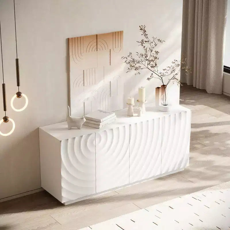 Buffet bas moderne en spirale, meuble d'entrée artistique discret avec portes texturées 3D ondulées
