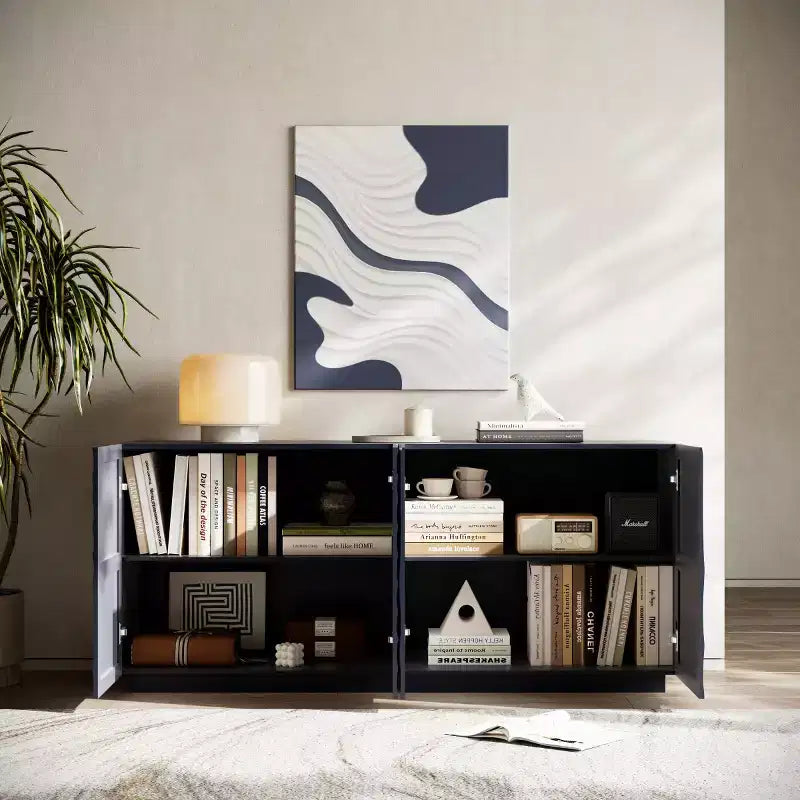Buffet bas moderne en spirale, meuble d'entrée artistique discret avec portes texturées 3D ondulées