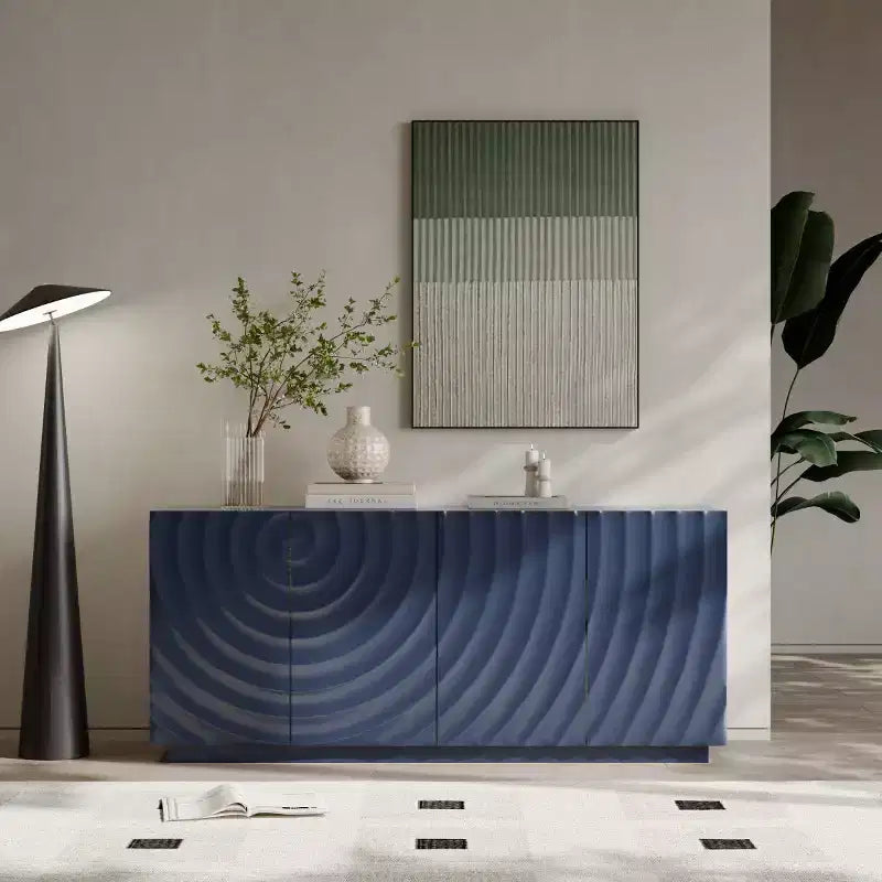 Buffet bas moderne en spirale, meuble d'entrée artistique discret avec portes texturées 3D ondulées