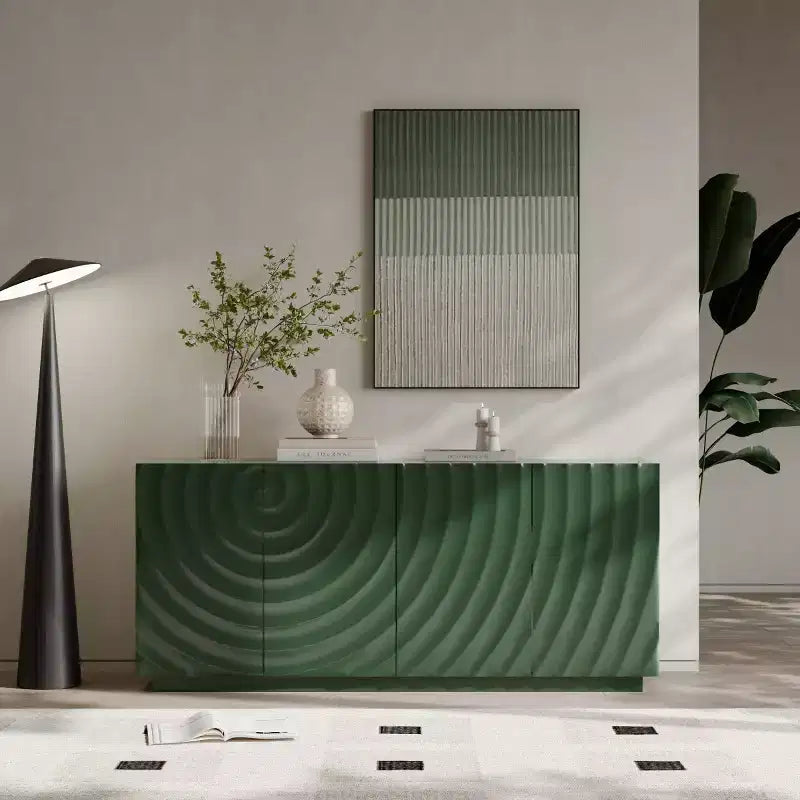 Buffet bas moderne en spirale, meuble d'entrée artistique discret avec portes texturées 3D ondulées
