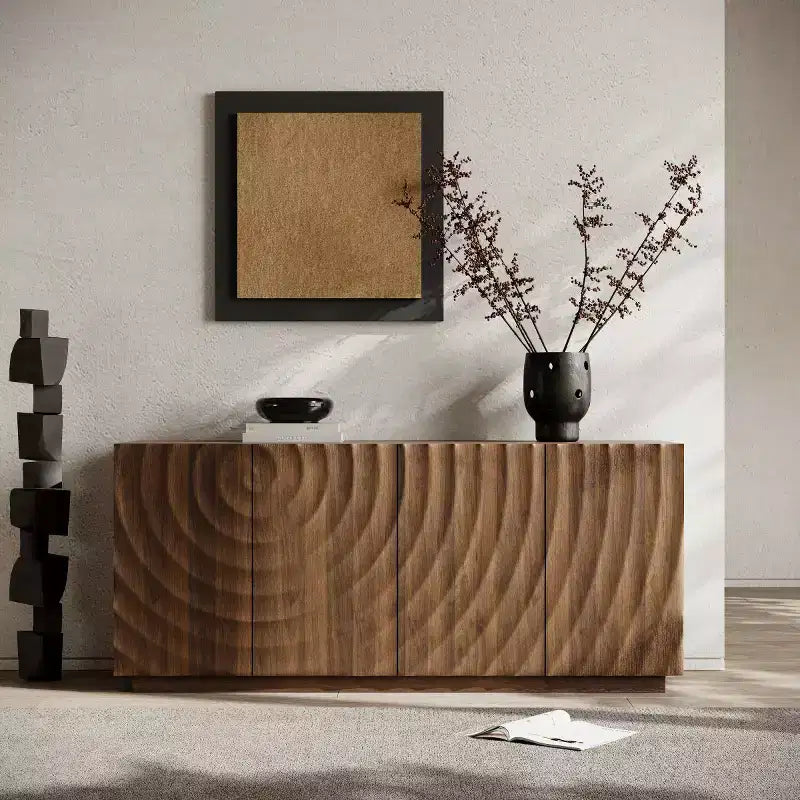 Buffet bas moderne en spirale, meuble d'entrée artistique discret avec portes texturées 3D ondulées