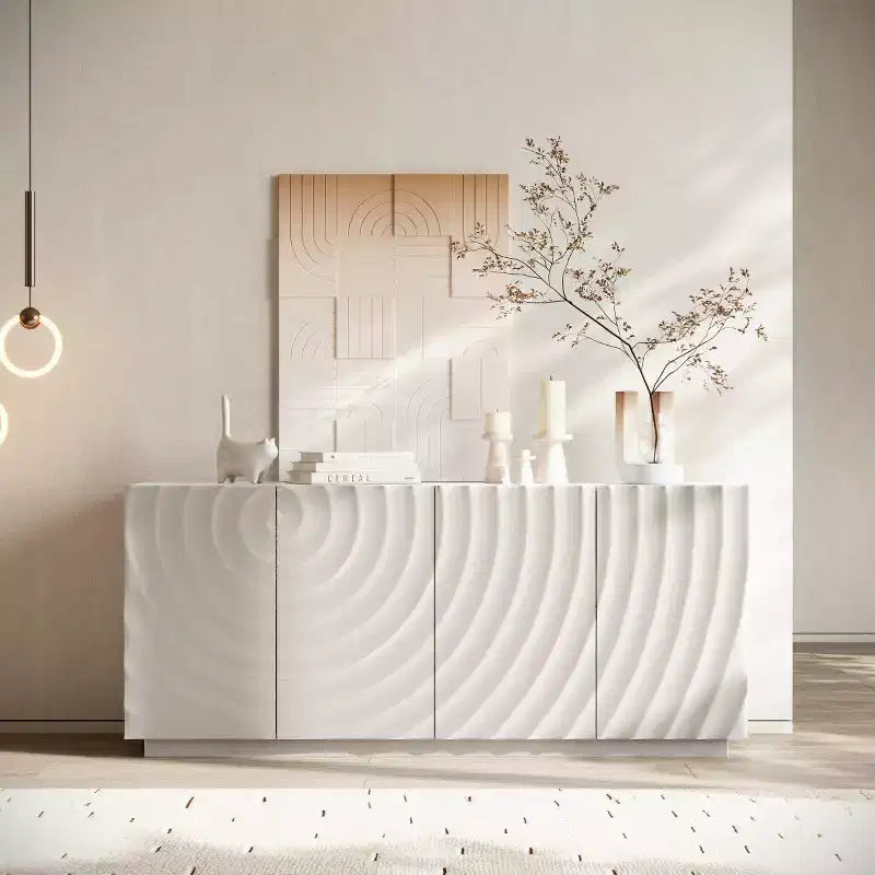 Buffet bas moderne en spirale, meuble d'entrée artistique discret avec portes texturées 3D ondulées