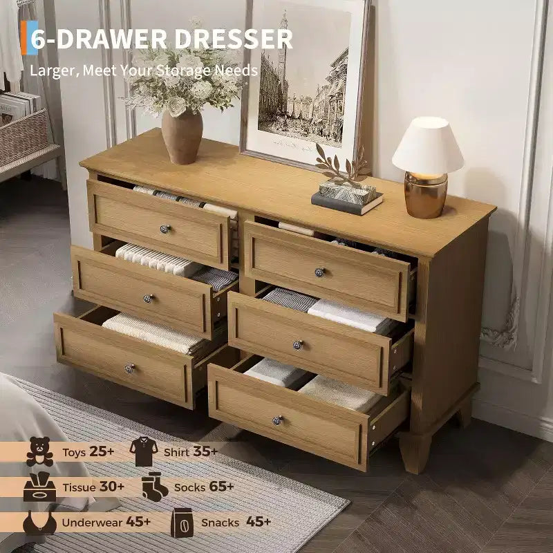Commode de chambre, commode large à 6 tiroirs, organisateur de rangement, commode en bois moderne avec poignées métalliques pour couloir, entrée, bureau à domicile