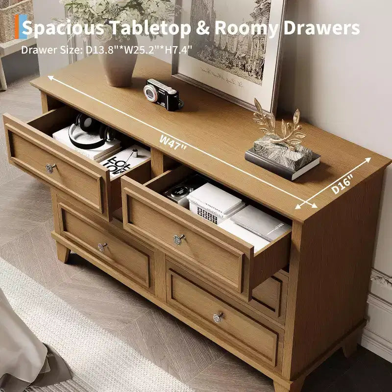 Commode de chambre, commode large à 6 tiroirs, organisateur de rangement, commode en bois moderne avec poignées métalliques pour couloir, entrée, bureau à domicile