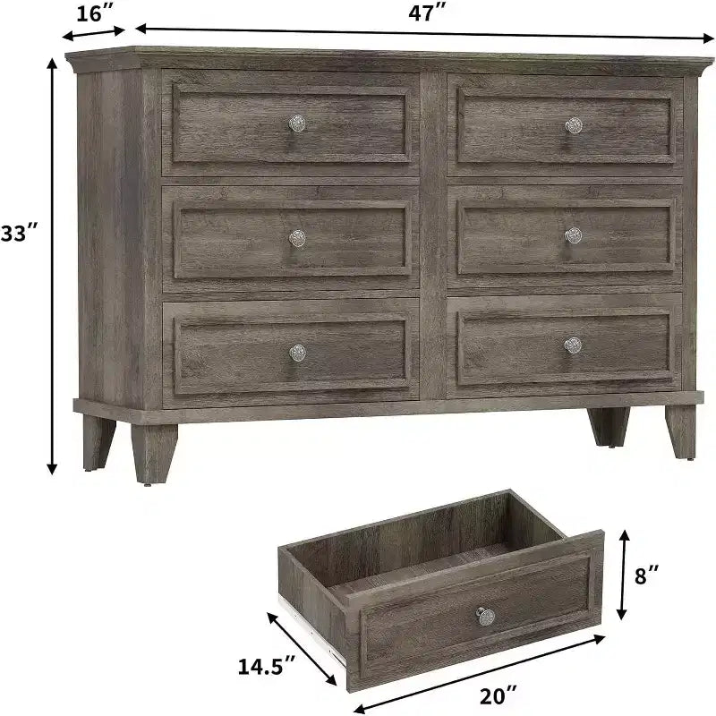 Commode de chambre, commode large à 6 tiroirs, organisateur de rangement, commode en bois moderne avec poignées métalliques pour couloir, entrée, bureau à domicile