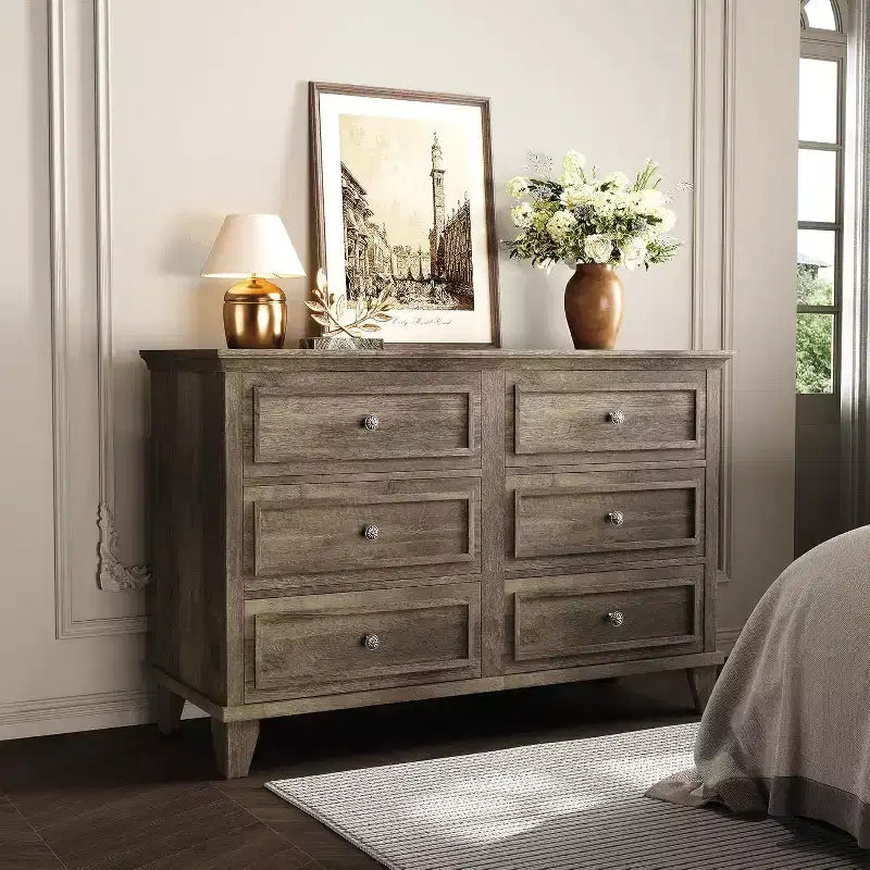 Commode de chambre, commode large à 6 tiroirs, organisateur de rangement, commode en bois moderne avec poignées métalliques pour couloir, entrée, bureau à domicile