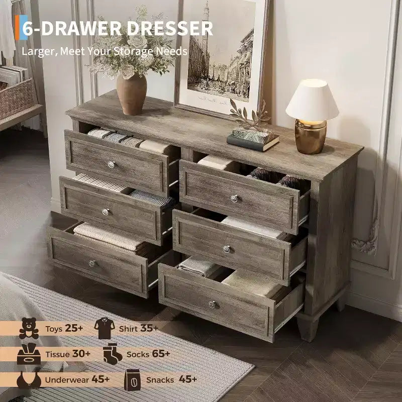 Commode de chambre, commode large à 6 tiroirs, organisateur de rangement, commode en bois moderne avec poignées métalliques pour couloir, entrée, bureau à domicile