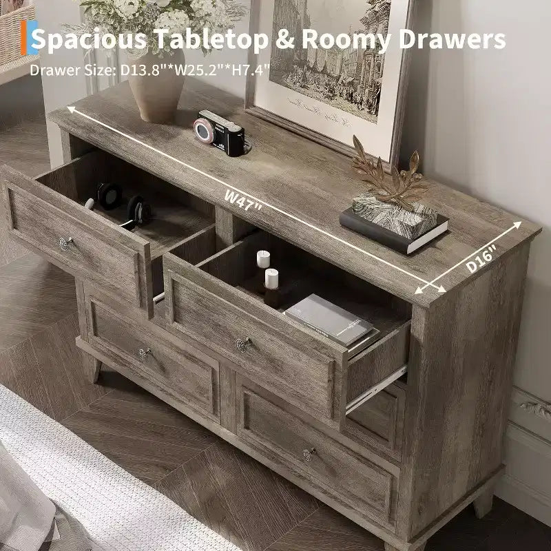 Commode de chambre, commode large à 6 tiroirs, organisateur de rangement, commode en bois moderne avec poignées métalliques pour couloir, entrée, bureau à domicile