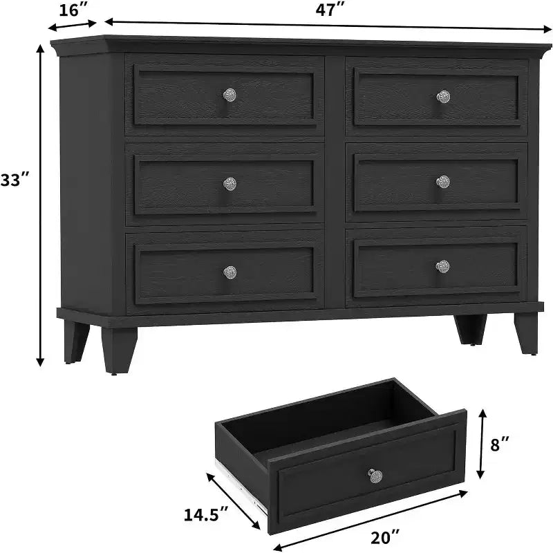 Commode de chambre, commode large à 6 tiroirs, organisateur de rangement, commode en bois moderne avec poignées métalliques pour couloir, entrée, bureau à domicile
