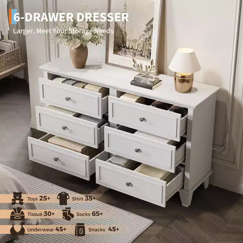 Commode de chambre, commode large à 6 tiroirs, organisateur de rangement, commode en bois moderne avec poignées métalliques pour couloir, entrée, bureau à domicile