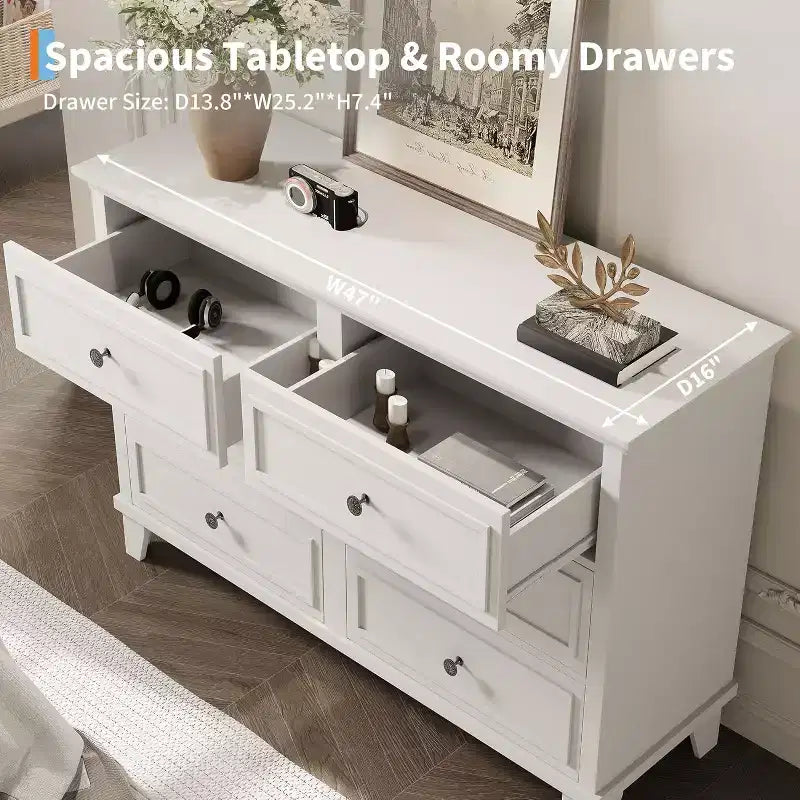 Commode de chambre, commode large à 6 tiroirs, organisateur de rangement, commode en bois moderne avec poignées métalliques pour couloir, entrée, bureau à domicile