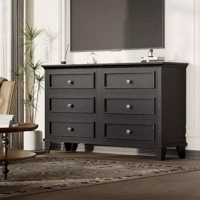 Commode de chambre, commode large à 6 tiroirs, organisateur de rangement, commode en bois moderne avec poignées métalliques pour couloir, entrée, bureau à domicile