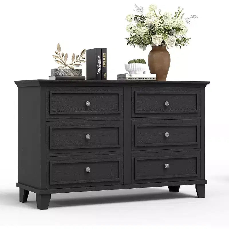 Commode de chambre, commode large à 6 tiroirs, organisateur de rangement, commode en bois moderne avec poignées métalliques pour couloir, entrée, bureau à domicile