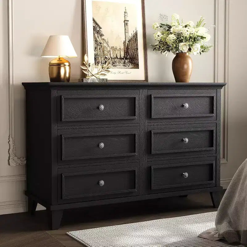 Dresser for Bedroom, 6 Drawer Wide Dresser Storage Organizer, Modern Wooden Chest of Drawers with Metal Handles for Hallway, Entryway, Home Office