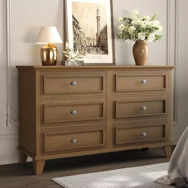 Commode de chambre, commode large à 6 tiroirs, organisateur de rangement, commode en bois moderne avec poignées métalliques pour couloir, entrée, bureau à domicile