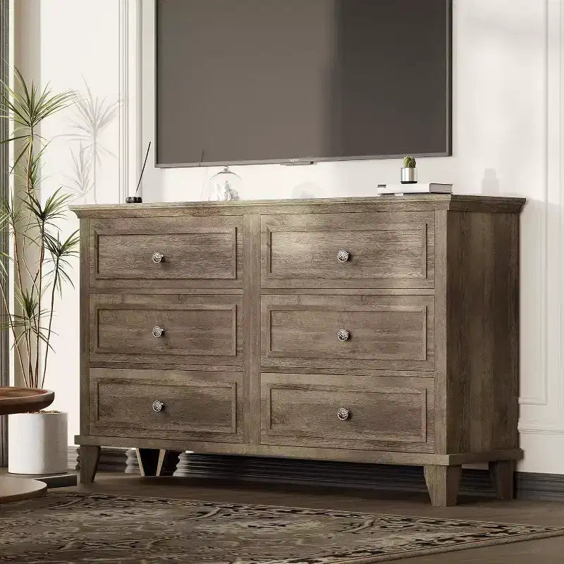 Commode de chambre, commode large à 6 tiroirs, organisateur de rangement, commode en bois moderne avec poignées métalliques pour couloir, entrée, bureau à domicile