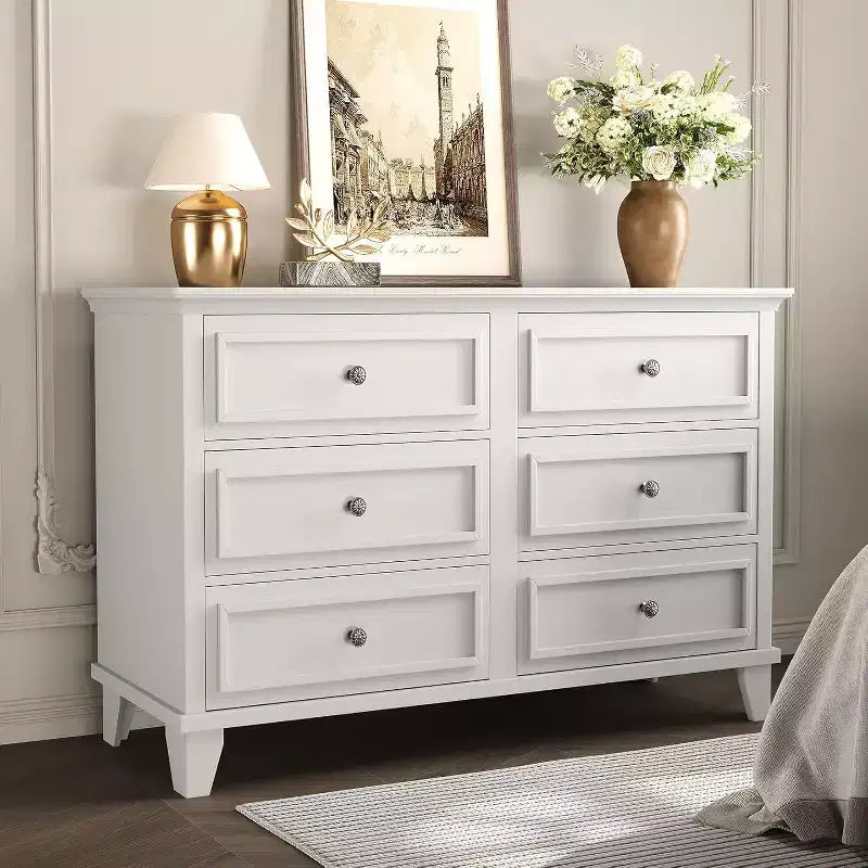 Commode de chambre, commode large à 6 tiroirs, organisateur de rangement, commode en bois moderne avec poignées métalliques pour couloir, entrée, bureau à domicile