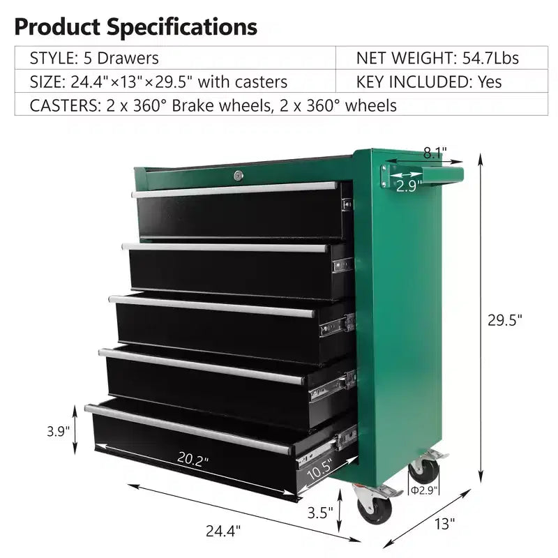 Servante d'atelier à 5 tiroirs avec roues, armoire de rangement portable en acier pour garage, atelier, entrepôt