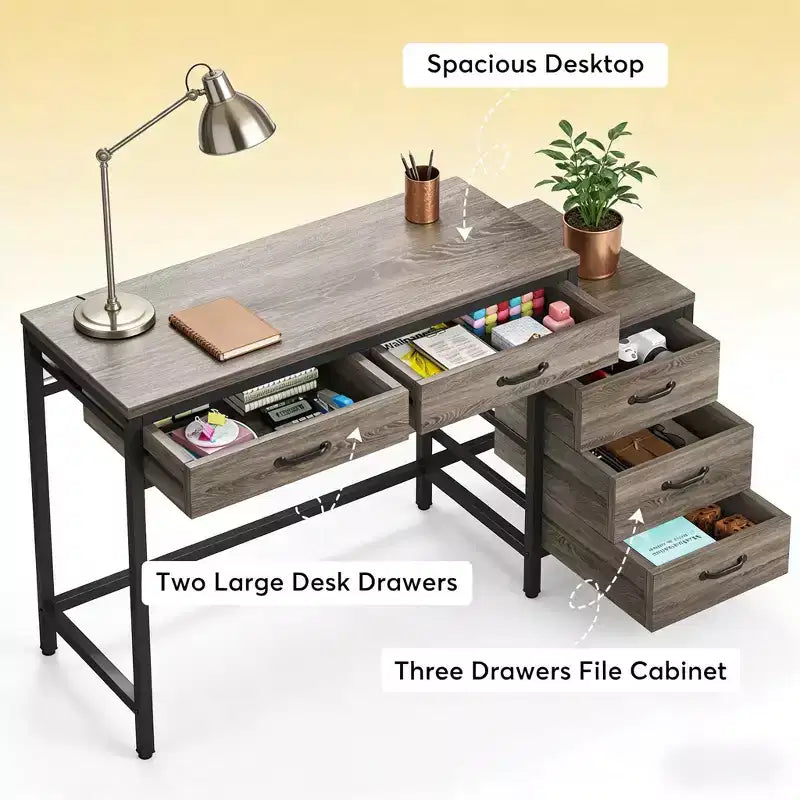 Bureau d'ordinateur moderne avec caisson à tiroirs, bureau compact à 2 tiroirs et caisson de classement à 3 tiroirs, table d'écriture pour bureau à domicile, étude